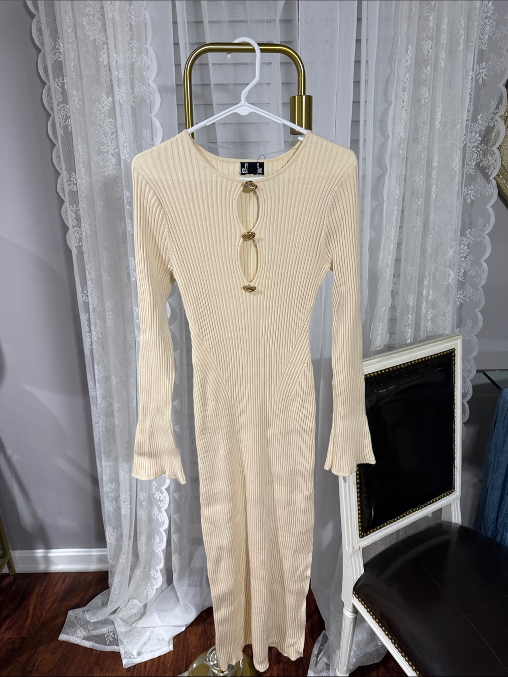 Cream Ribbed Long-Sleeve Midi Dress with Decorative Gold Rings